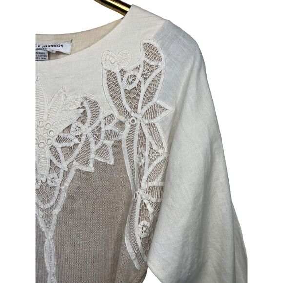 Vintage Nancy Johnson Knits Size Small Cream Sweater Dress Battenburg Lace Trim - Picture 6 of 11